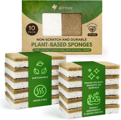 AIRNEX Biodegradable Natural Kitchen Sponges Pack of 6 - Cellulose and Coconut Walnut Scrubber Sponge - Eco Friendly Sponges for Dishes