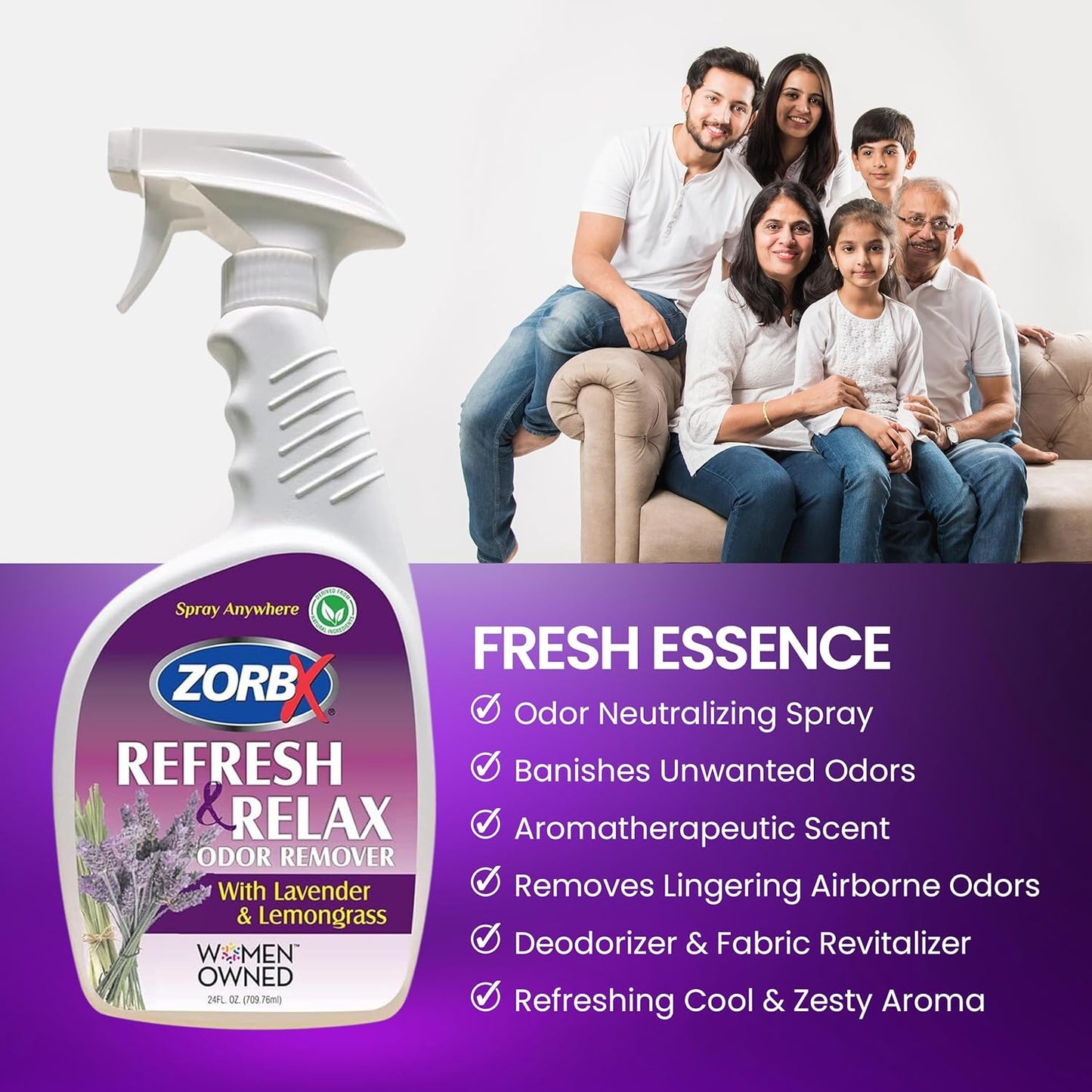 ZORBX Refresh & Relax Odor Remover Spray with Lavender & Lemongrass 8 Oz (Pack of 2) – Permanent Solution Room Freshener & Air Freshener Spray for Home, Bathroom, Furniture, Carpet, Car, Gym & Laundry