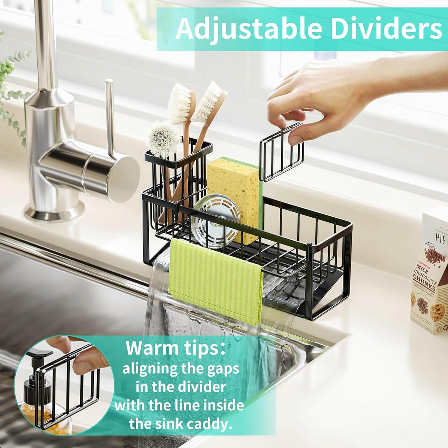 HapiRm Sponge Holder for Kitchen Sink - Self-draining Sink Caddy with Brush and Dishcloth Holders, Stainless Steel Kitchen Countertop Organizers and Storage Essentials - Black