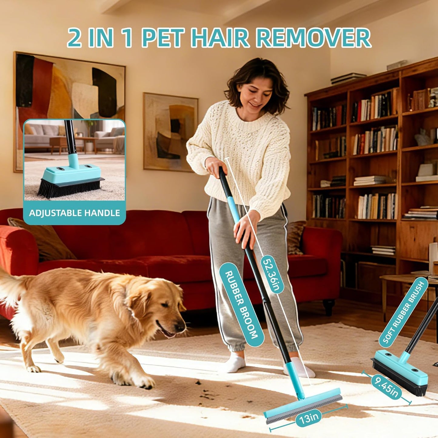 Rubber Broom Carpet Rake with Air Broom,Reusable Strong Grooming Gloves, for Carpet Pet Hair Remover Hardwood Floor, Cleans Glass, Fine Dust, Hair, Liquid