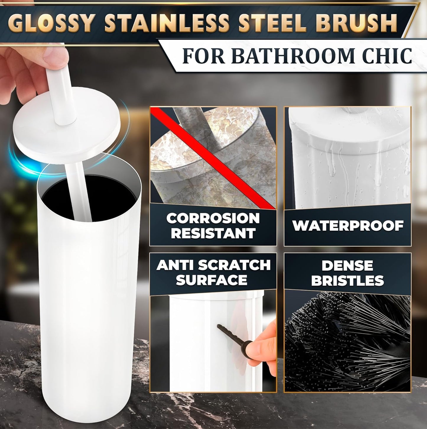 Stylish Stainless Steel Toilet Brush and Holder Set - Silver Toilet Bowl Brush and Holder with Splash Cover, Sturdy Bristles, Corrosion & Scratch Resistant - Elegant Design, Effective Deep Cleaning