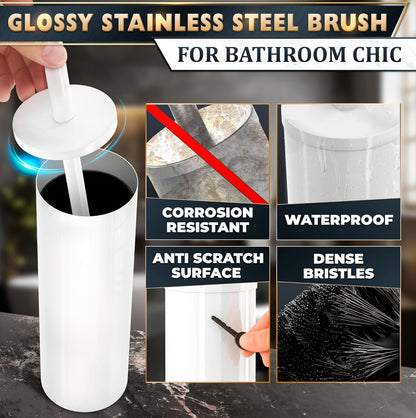 Stylish Stainless Steel Toilet Brush and Holder Set - Silver Toilet Bowl Brush and Holder with Splash Cover, Sturdy Bristles, Corrosion & Scratch Resistant - Elegant Design, Effective Deep Cleaning