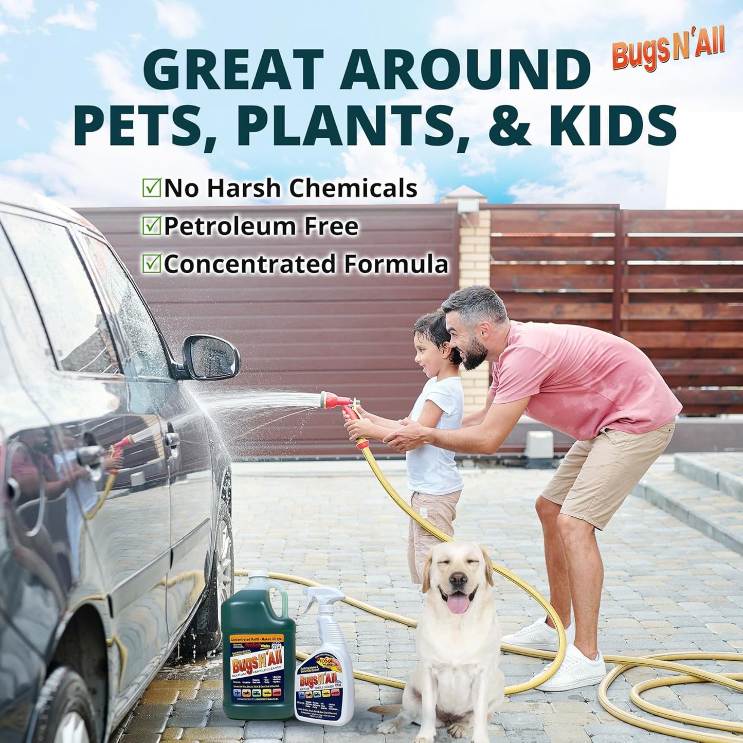 Bugs N’ All Multipurpose Car Cleaner & Degreaser - Bug & Tar Remover Concentrate 32 oz - Exterior Cleaner Safe for Car Paint, Metal, Chrome, Aluminum, Windows & Mirrors - w/Free 32 oz Spray Bottle