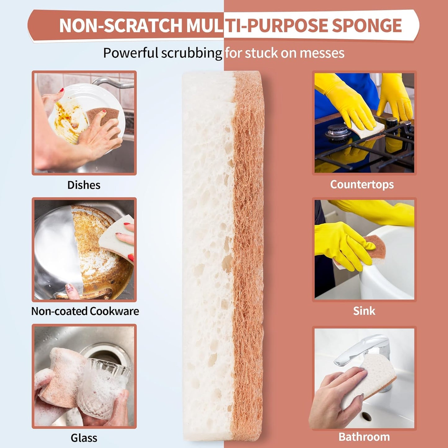 Non-Scratch Cellulose Scrub Sponges 12 Pack, Sponges Kitchen with Double-Side & Ergonomic Design for Dishes, Coated Cookware, Sink & Countertops.