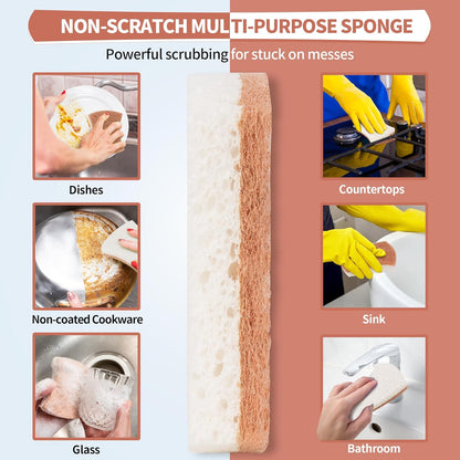 Non-Scratch Cellulose Scrub Sponges 12 Pack, Sponges Kitchen with Double-Side & Ergonomic Design for Dishes, Coated Cookware, Sink & Countertops.