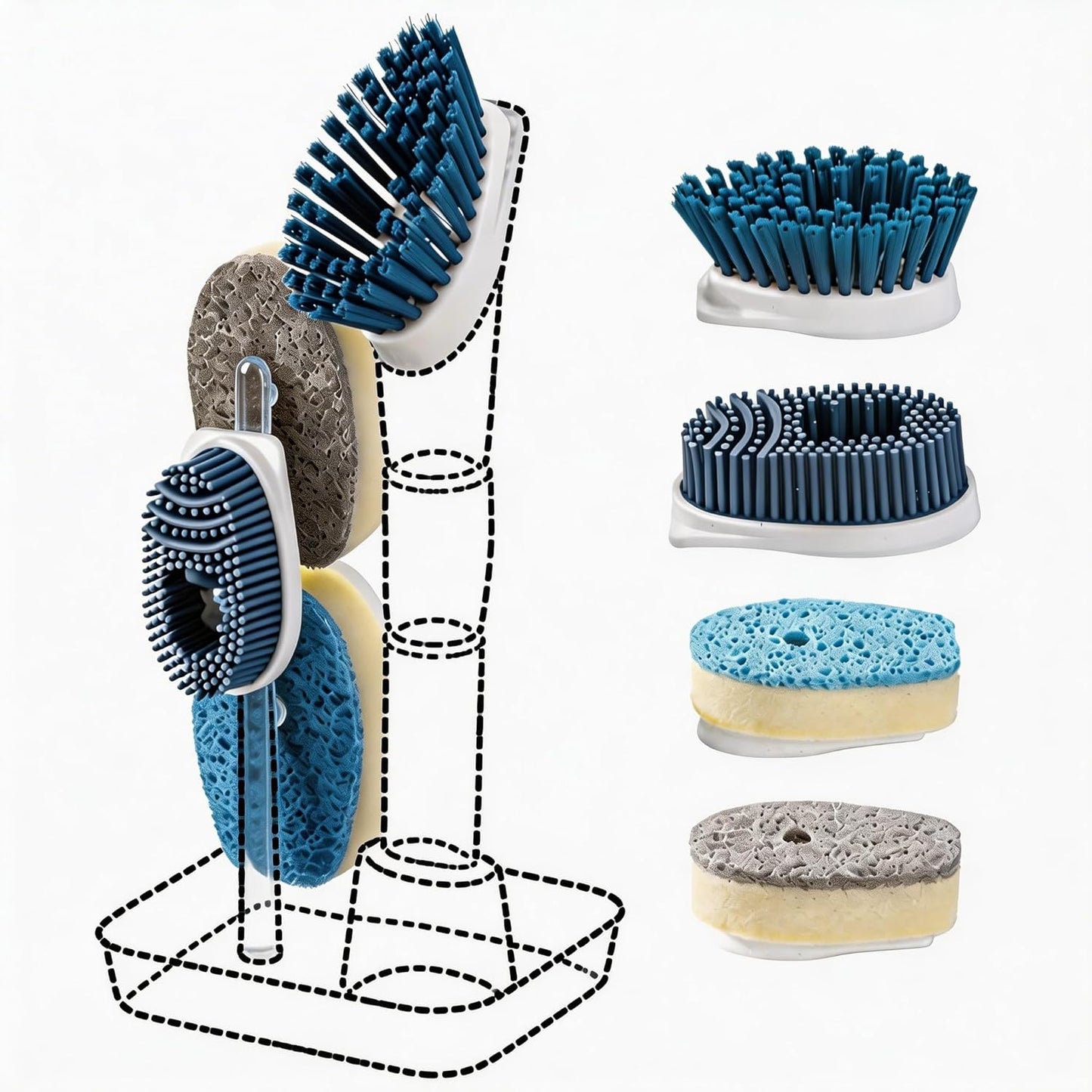 Soap Dispensing Scrub Brush - 4-in-1 Kitchen Cleaning Brush with Built-in Tank, Scraper Heads for Stubborn Grime on Pots Pans, Stand/Hang Storage-Blue