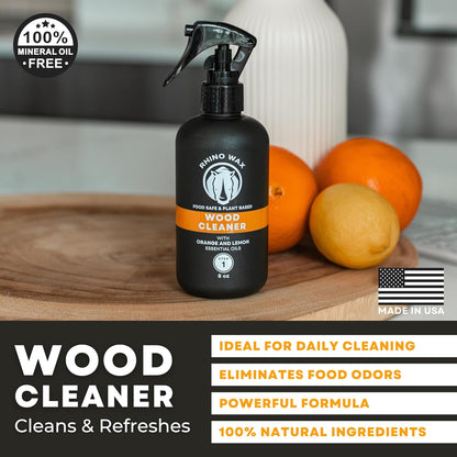 Rhino Wax Cutting Board Wood Spray Cleaner - Butcher Block and Large Wood Surface Spray-Cleaner - Food-Safe and Plant-Based Ingredients - Fresh Citrus Scent Eliminates Food Odors - Made in the USA