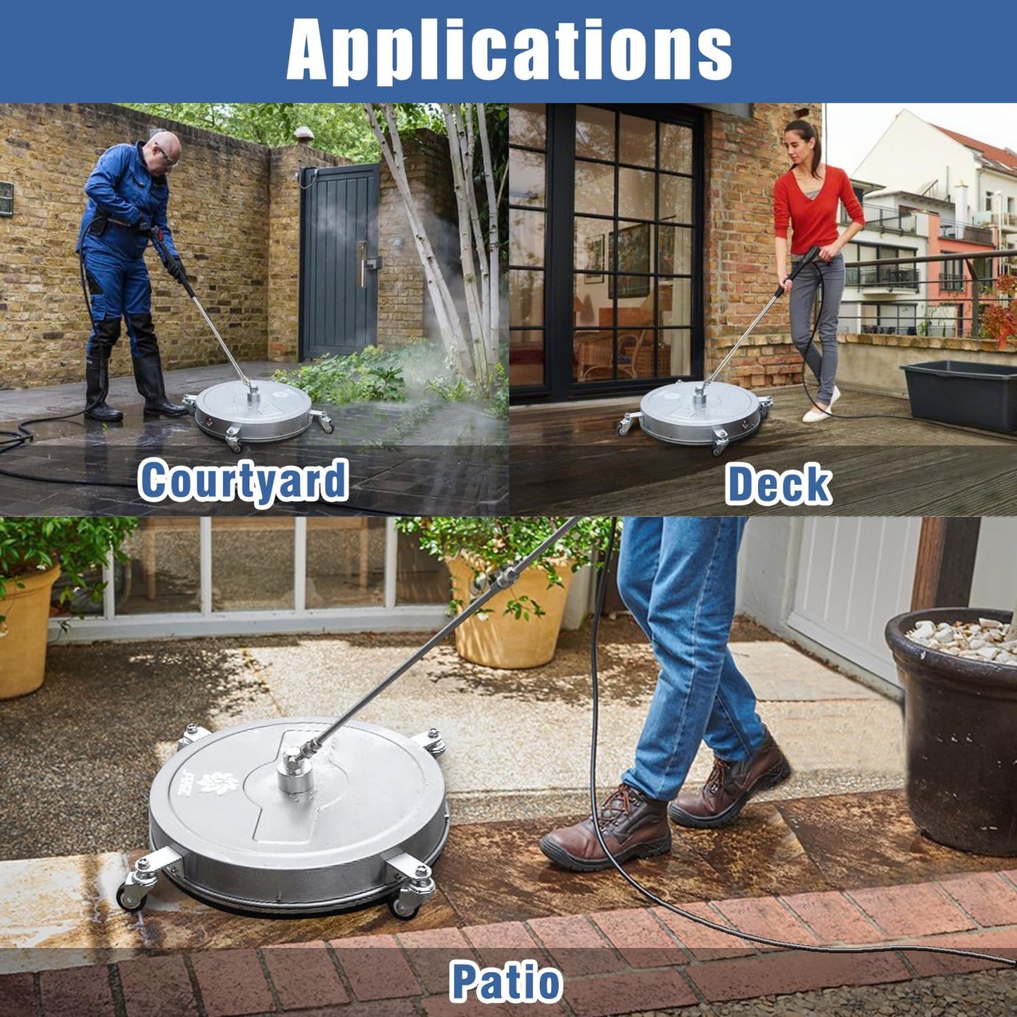 JANZ 30'' Pressure Washer Surface Cleaner with 4 Wheels,Dual Handle,Stainless Steel Housing, 2 Hose Adapters and 4 Replacement Nozzle Cores,Ideal for Driveways, Sidewalks,Patios,Decks Cleaning
