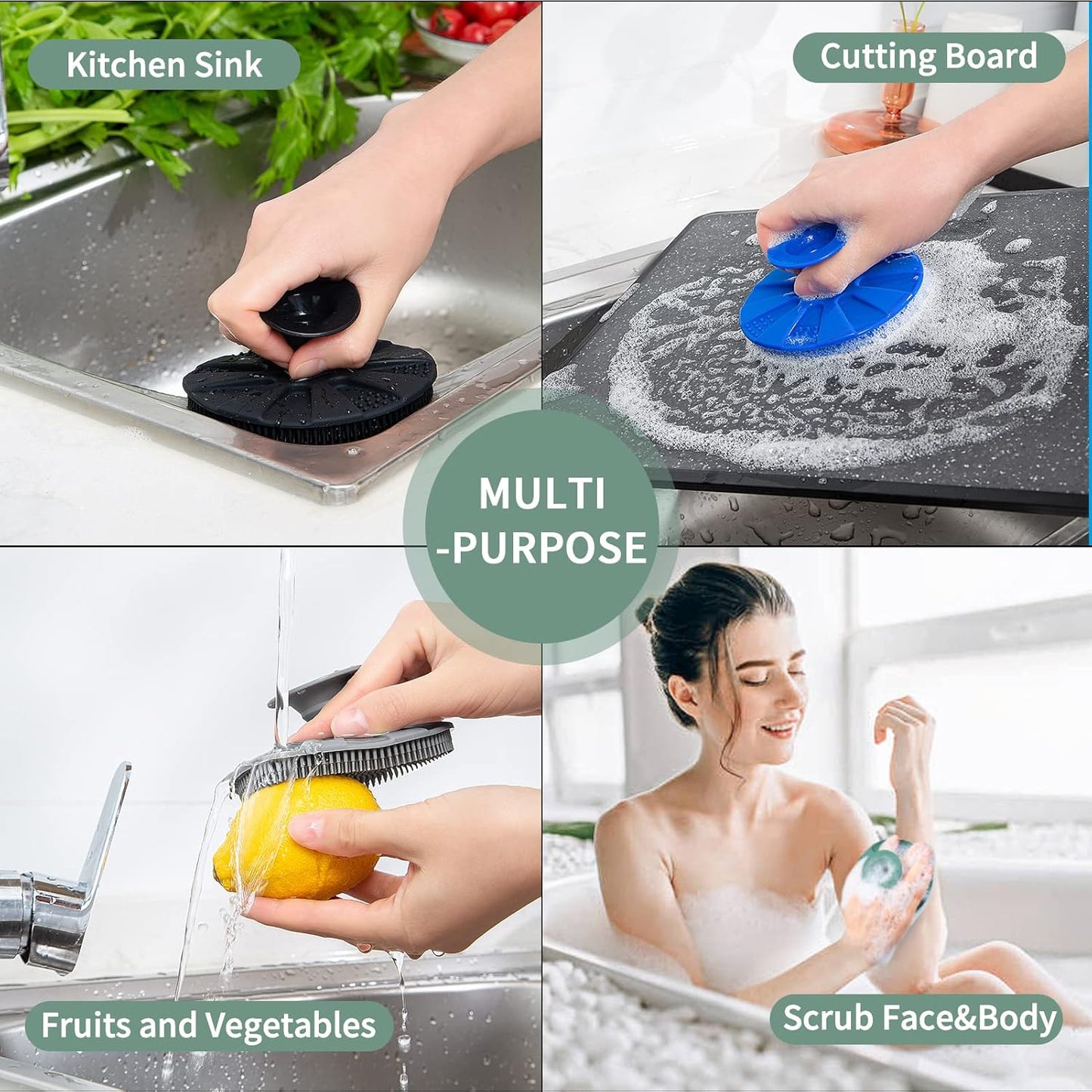 Silicone Sponge, BEAUTAIL Non-Scratch Scrub Sponges for Washing Dishes, Kitchen Fruit Vegetable Cleaning Brush, Long Lasting and Reusable Dishwashing Scrubber, Suction Up Hang Designed, 1 Pack, Gray