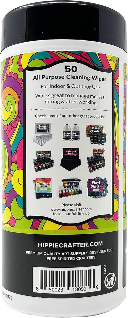 HIPPIE CRAFTER Paint and Art Wipes, 1 Pack (50 Piece) Heavy-Duty Cleaning Wipes for Paint, Epoxy, Glue, Latex & Acrylic Stains, Safe for Hands, Brushes, Plastic, Metal, Wood & Floors