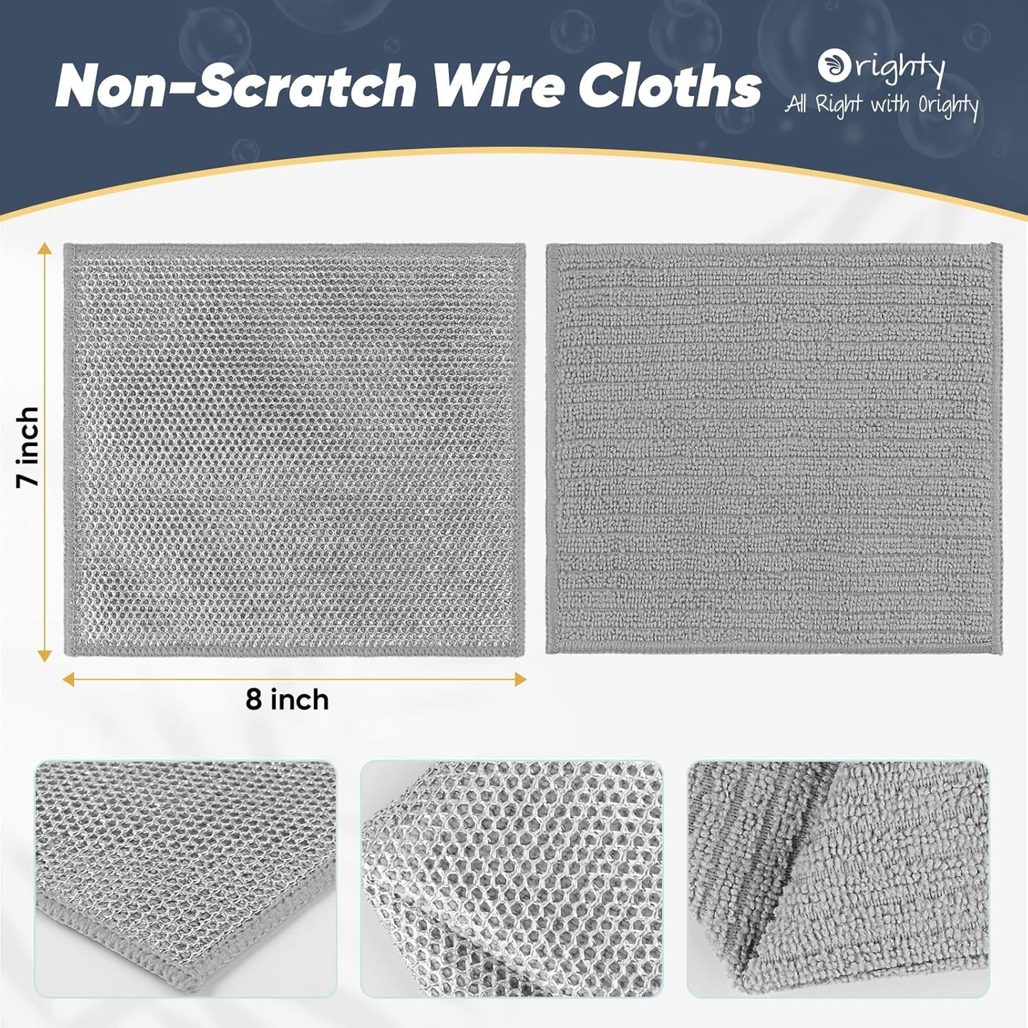 Orighty 12 Pcs Multipurpose Wire Dishwashing Rag, Non-Scratch Wire Dish Cleaning Cloths for Wet and Dry, Reusable Steel Scrubber for Kitchen, Powerful Dishcloth Rag for Cookware, Dish, Stove-7"x8"