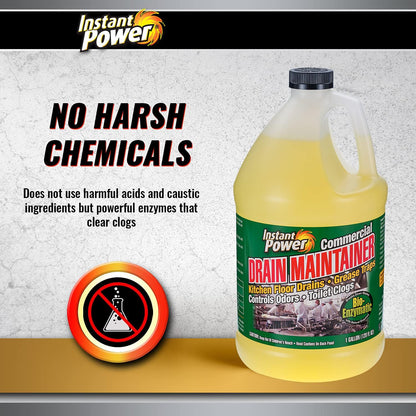 Instant Power Commercial Drain Maintainer - Liquid Enzyme Clog Remover, Cleans and Deodorizes, Reduces Drain Blockages, 1 Gal