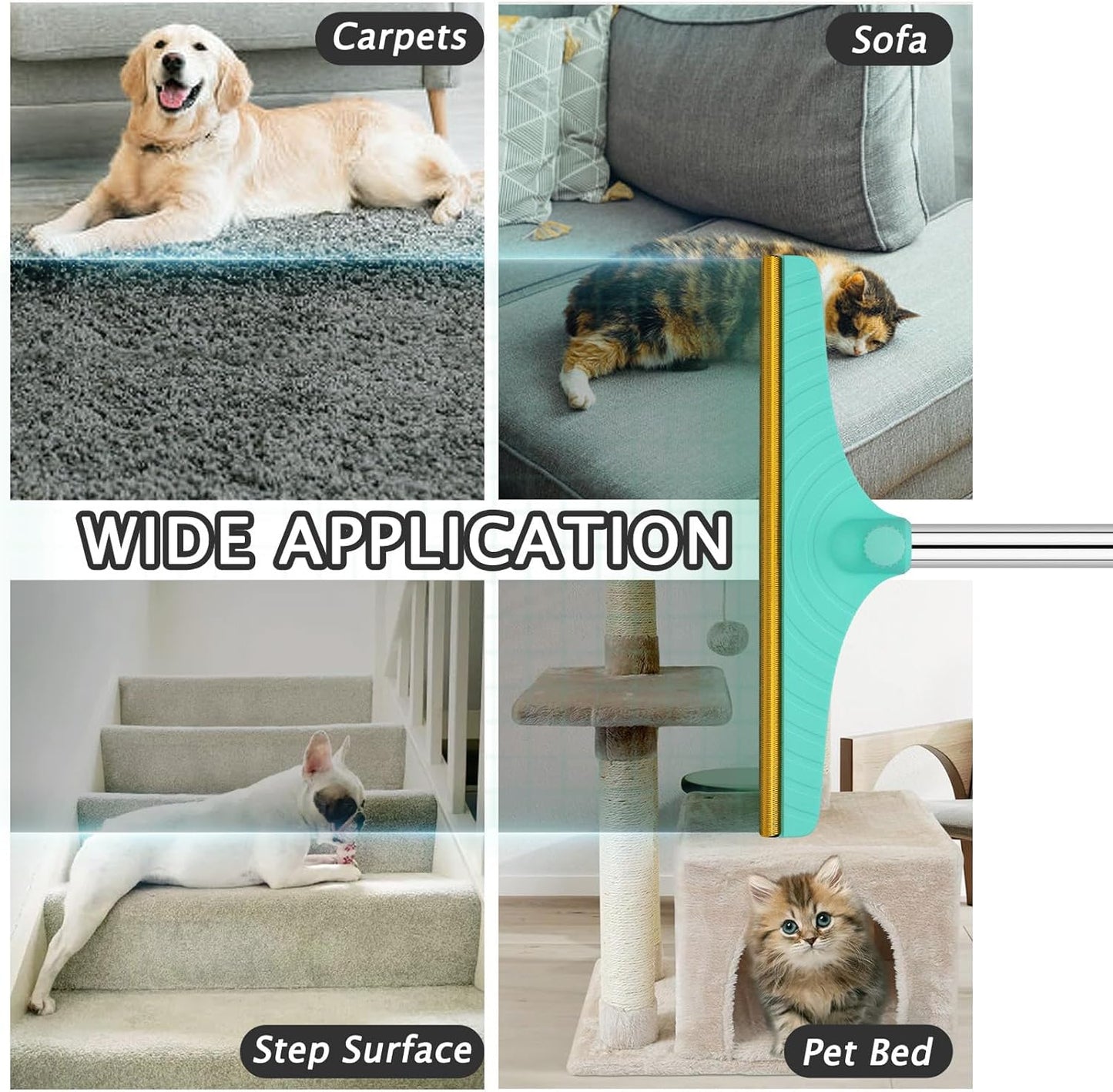 Carpet Rake for Pet Hair Removal - Reusable Pet Hair Remover, 60” Adjustable Long Handle Cat Dog Carpet Rake Scraper with Patented Design, Dog Hair Rake Brush for Rugs, Mats