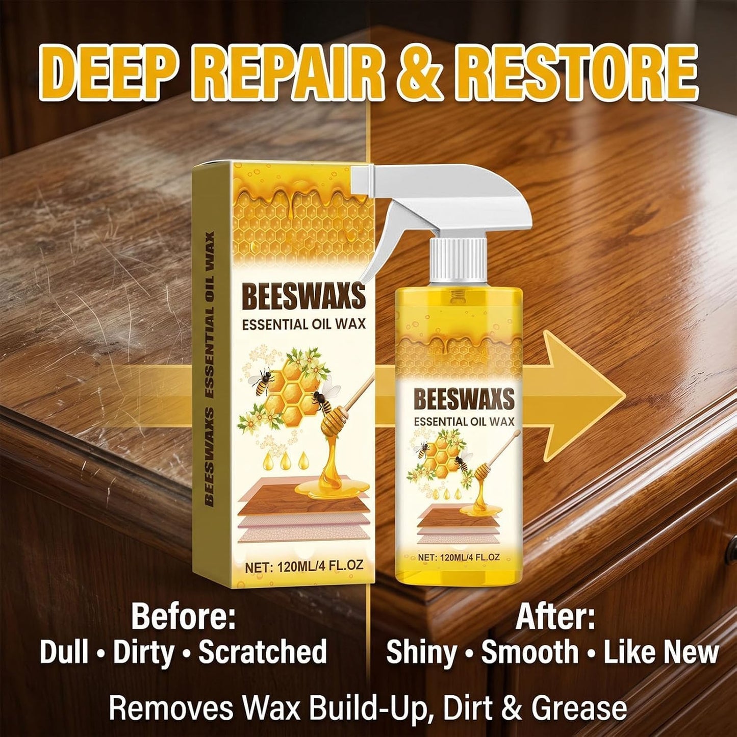 Natural Beeswax Repairing And Care Spray, Beeswax Wood Polish, Bees Wax Furniture Polish And Cleaner, Beeswax Spray, Restores Shine & Removes Scratches, For Wood, Furniture (1PC)