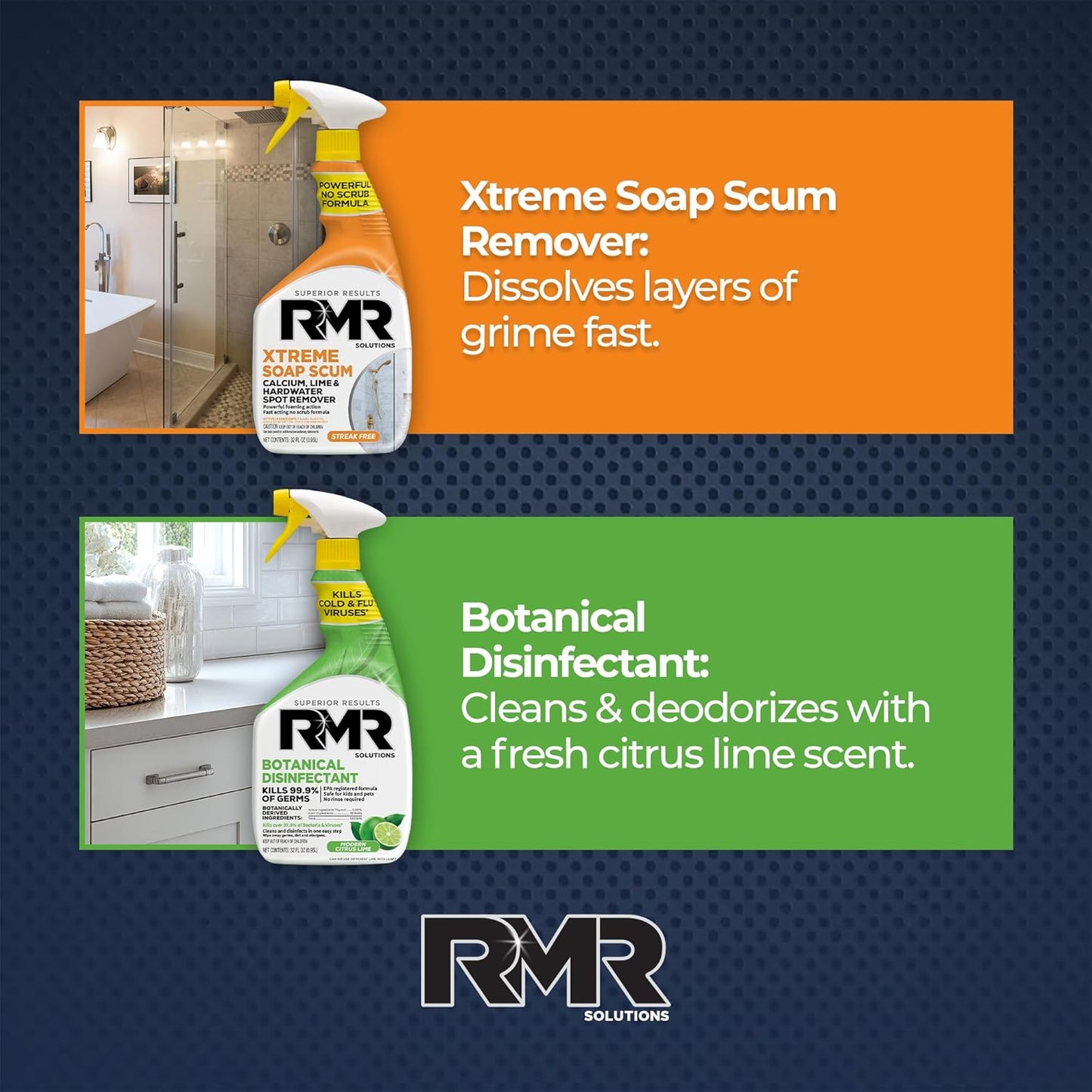RMR Fresh Start System – Xtreme Soap Scum Remover + EPA-Registered Botanical Disinfectant Cleaner, Bathroom Cleaning & Disinfecting Bundle for Shower, Tub, Tile & Surfaces, 2–32 Oz Bottles
