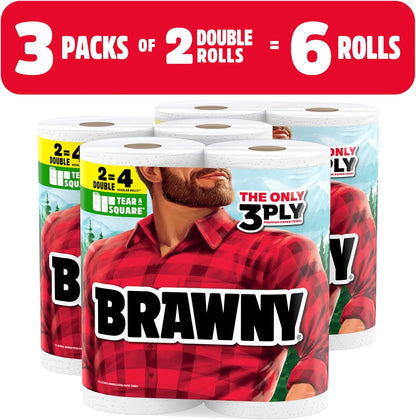 Brawny Tear-A-Square 3-Ply Paper Towels, 6 Double Rolls = 12 Regular Rolls, Strong, Absorbent, and Durable with 3 Sheet Sizes (Quarter, Half, Full)