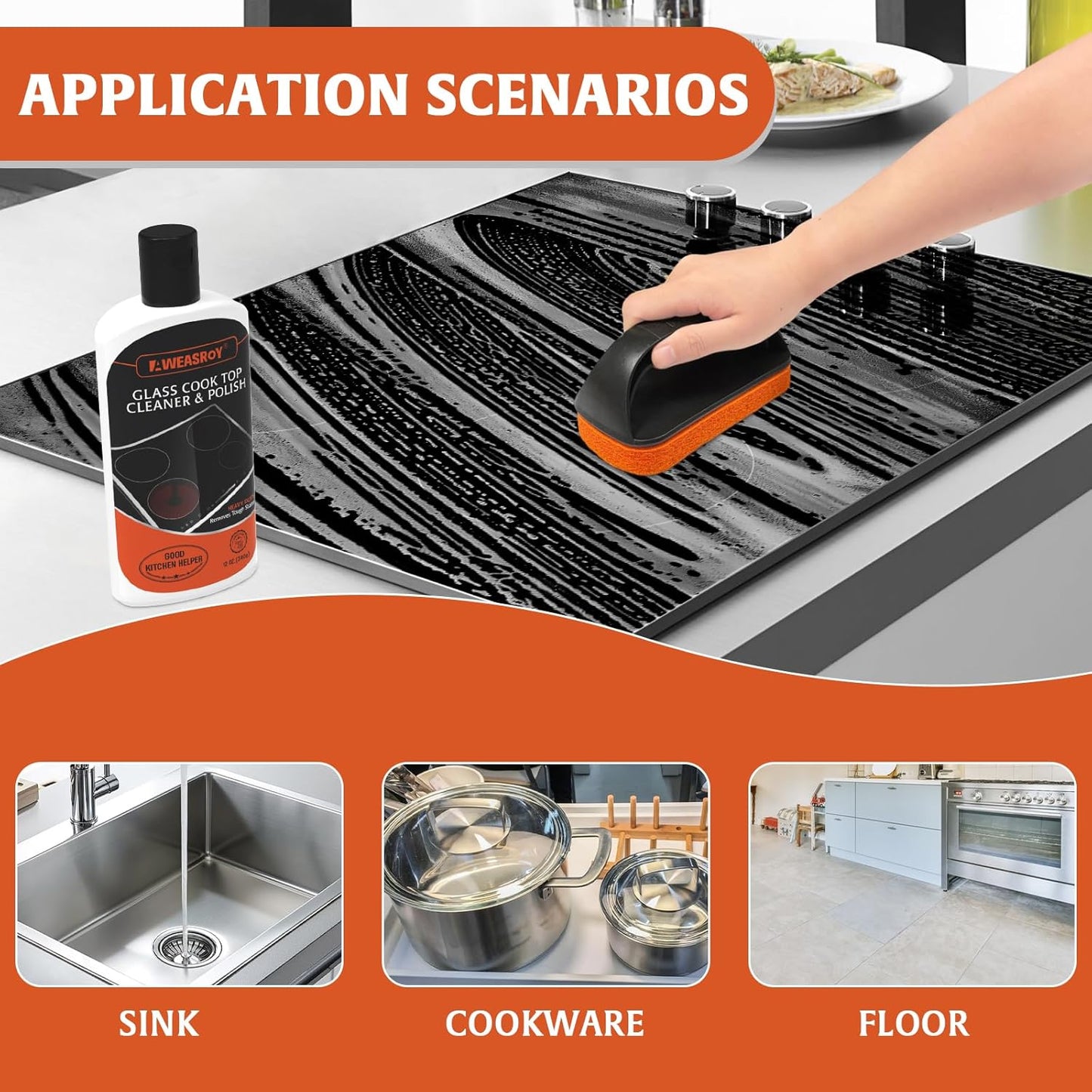 AWEASROY Glass Stove Top Cleaner Kit 12 oz, Cooktop Cleaner and Polish Non-Abrasive No Scratch Removes Tough Stains, with Scrubbing Pad, Handle, Scraper, Cloth