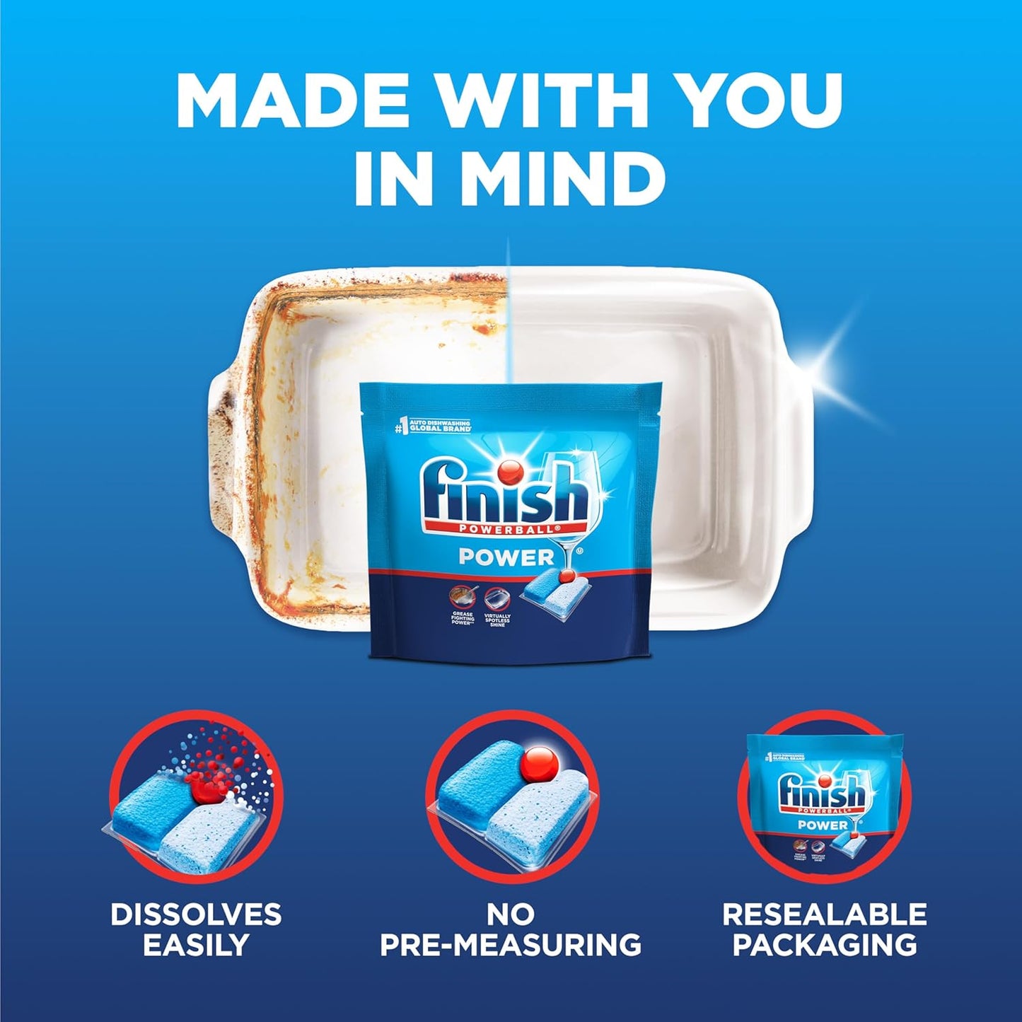 Finish Power Dishwasher Pods, No Pre-Rinse Dishwasher Detergent Soap For Deep Clean & Shine with Degreasing Power, 43 Count