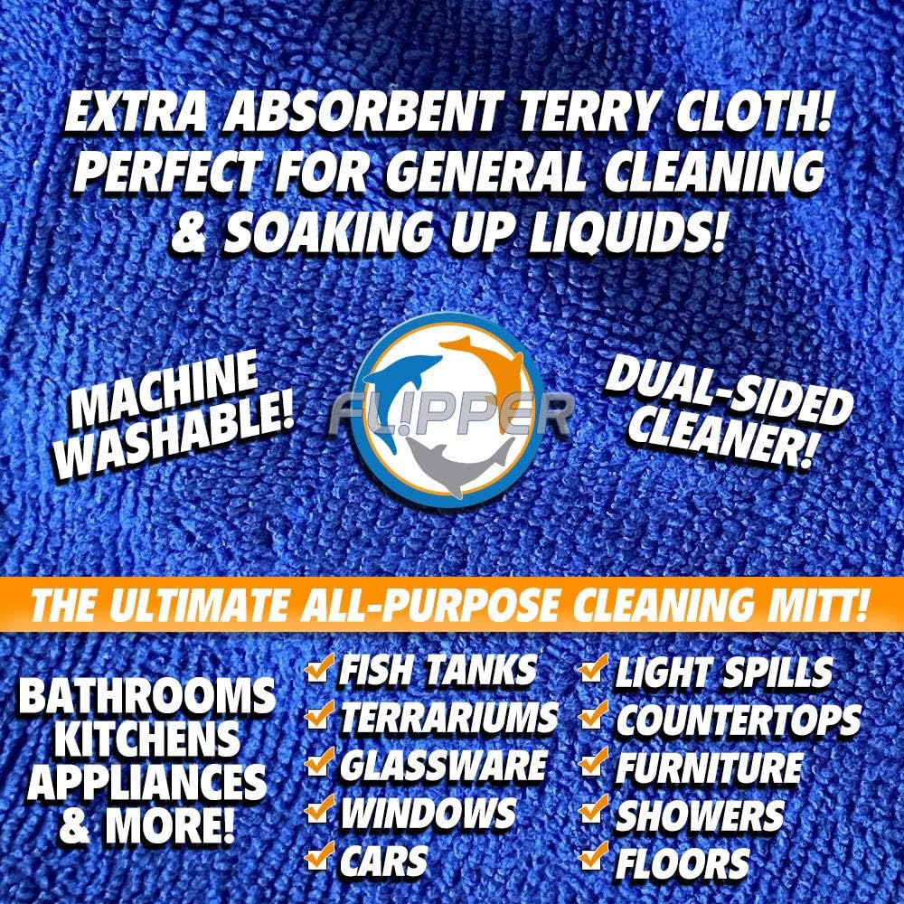 Flipper FLIP-MITT Microfiber Cleaning Mitt 2 Pack, Dual-Sided Terry Cloth & Microfiber Dusting Gloves for House Cleaning, Glass Polishing, Kitchens, Bathrooms, Cars & Aquariums