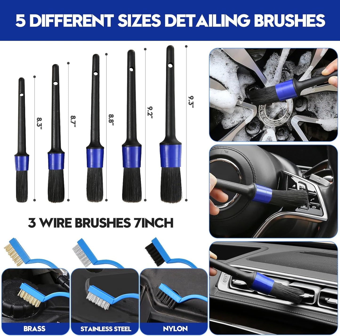 Qydipclin 34Pcs Car Detailing Kit, Car Detailing Brush Set, Car Wash Cleaning Kit, Car Detailing Brushes, Professional Car Care Kit for Interior Exterior Wheels, Blue