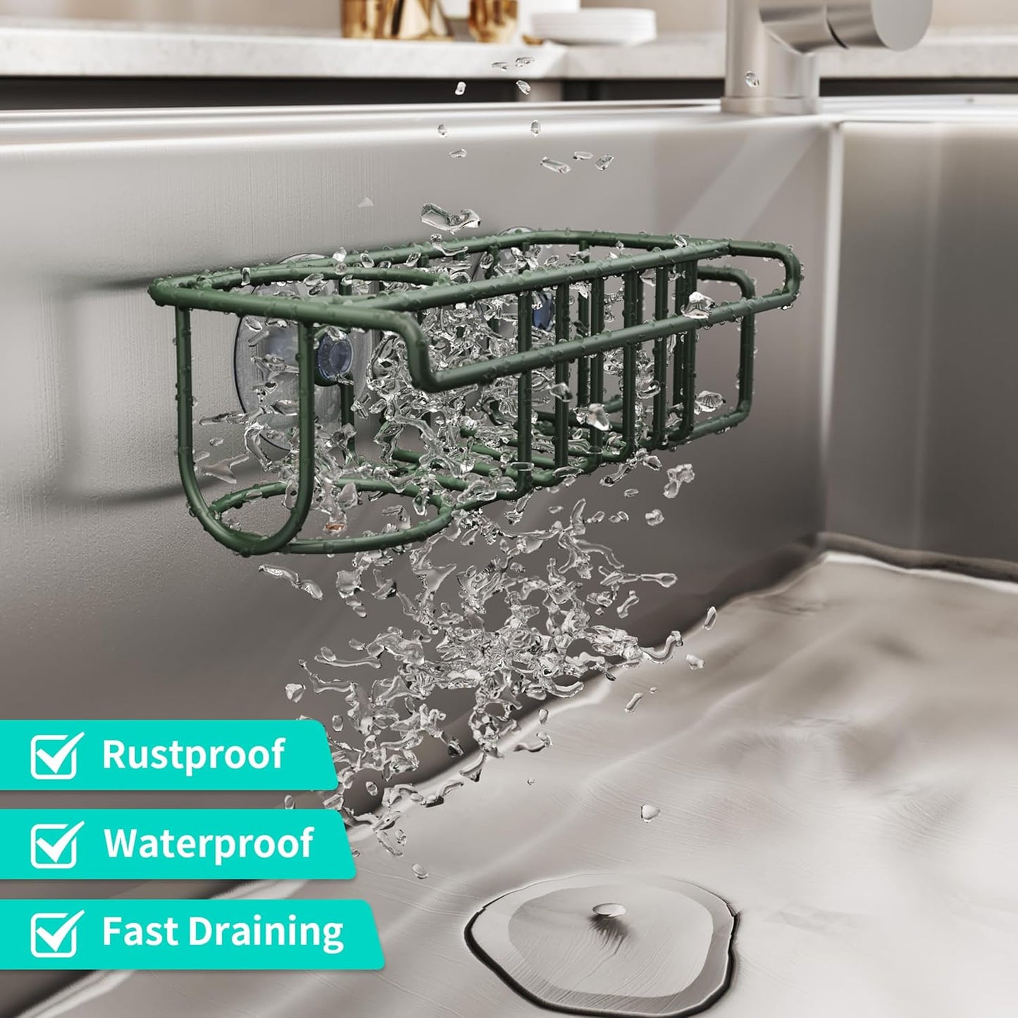 HapiRm 4 in 1 Kitchen Organizers and Storage, SUS304 Stainless Steel Brush Holder + Dish Cloth Hanger + Soap Rack + Sink Stopper Rack, No Drill Kitchen Essentials - Black