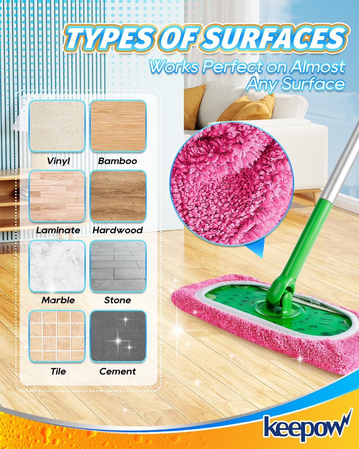 KEEPOW Reusable Mop Pads Compatible with Swiffer Sweeper Mop, Dry Sweeping Cloths for Swiffer Pads, 8 Pack Washable Microfiber Wet Mopping Cloth Refills for Surface/Hardwood Floor Cleaning