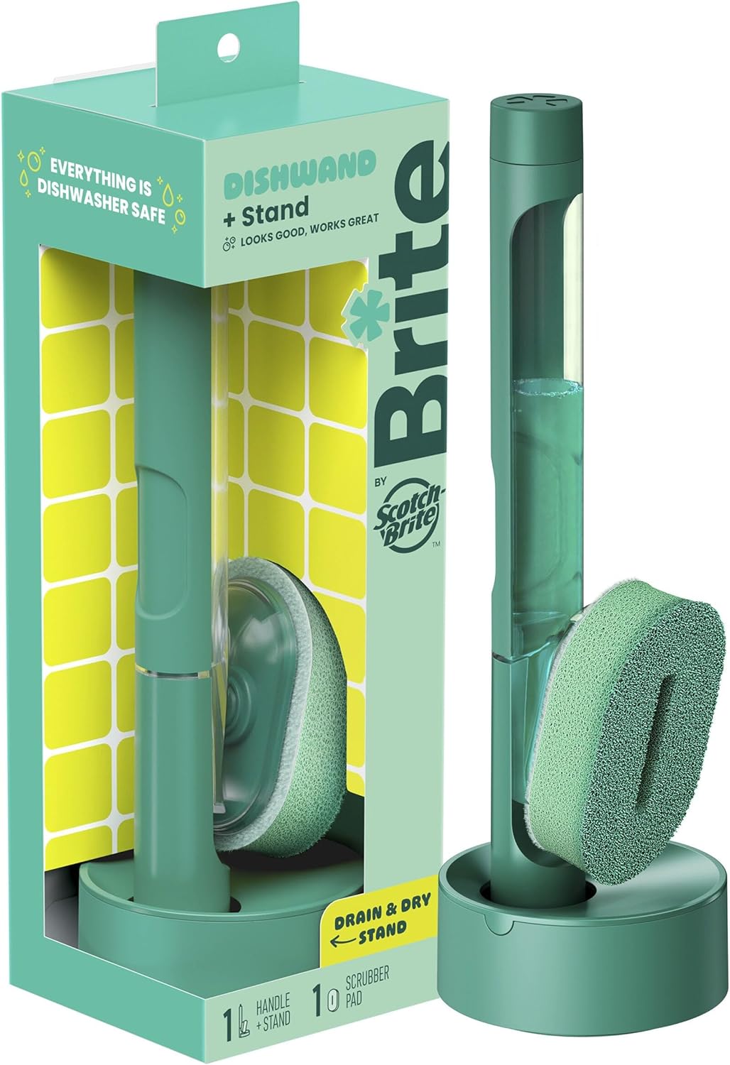 Brite by Scotch-Brite Palm Scrubber with Drain + Dry Stand, Household and Kitchen Sponge for Washing Dishes with Comfy Grip, 1 Scrub Sponge with Soap Dispenser