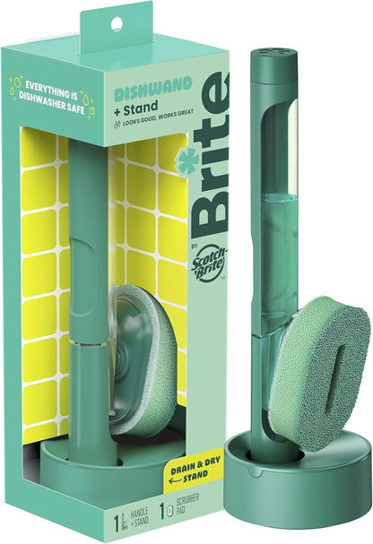Brite by Scotch-Brite Palm Scrubber with Drain + Dry Stand, Household and Kitchen Sponge for Washing Dishes with Comfy Grip, 1 Scrub Sponge with Soap Dispenser