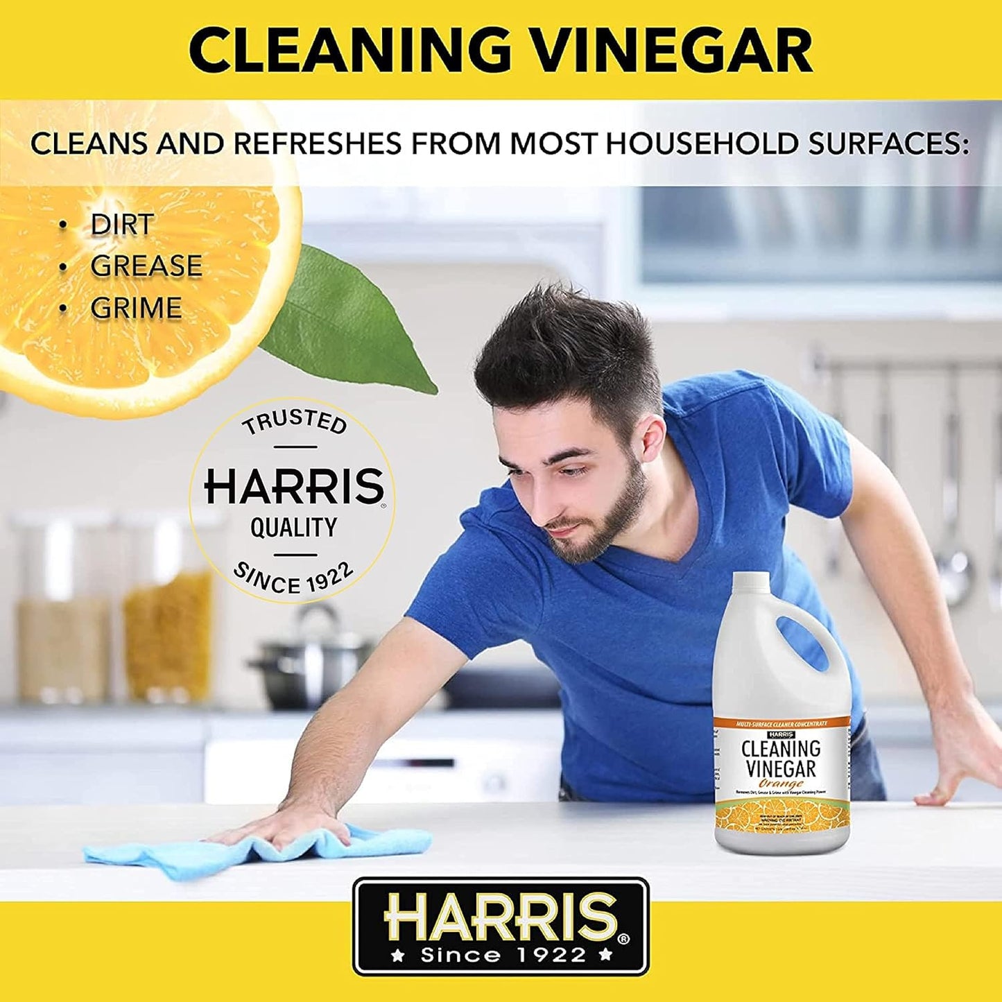 Harris Multi-Purpose Vinegar Household Surface Cleaner, Orange Scent, 128oz, Easy Pour Funnel Included