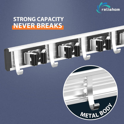 reliahom Adjustable Broom Holder Wall Mount, Mop Storage Tool Racks, Broom Hanger Tool Organizer for Garage, Kitchen, Garden, Laundry Room, 4 Racks 5 Hooks Silver