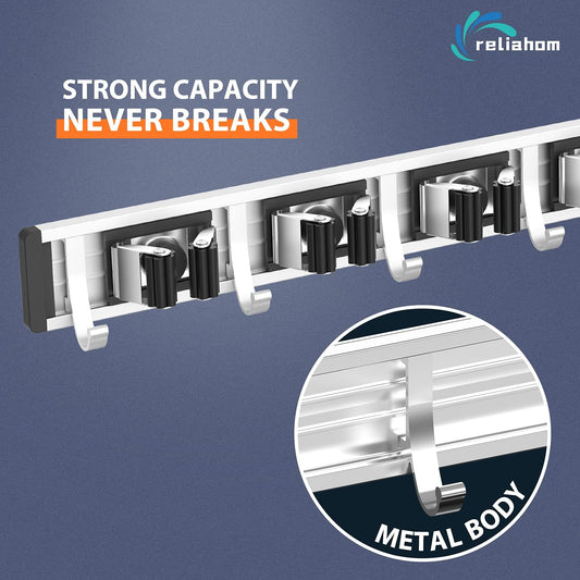 reliahom Adjustable Broom Holder Wall Mount, Mop Storage Tool Racks, Broom Hanger Tool Organizer for Garage, Kitchen, Garden, Laundry Room, 4 Racks 5 Hooks Silver