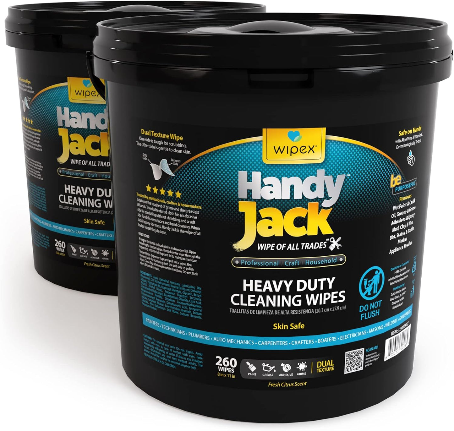 Wipex Handy Jack Heavy Duty Wipes, Dual Texture Cleaning Cloth, Use on Hands, Equipment, Tools - Removes Paint, Adhesives, Oil, Grease, & Dirt, Bulk Size, 260 Count (Pack of 1)
