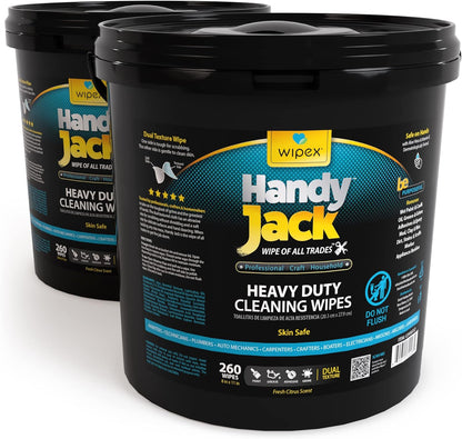Wipex Handy Jack Heavy Duty Wipes, Dual Texture Cleaning Cloth, Use on Hands, Equipment, Tools - Removes Paint, Adhesives, Oil, Grease, & Dirt, Bulk Size, 260 Count (Pack of 1)