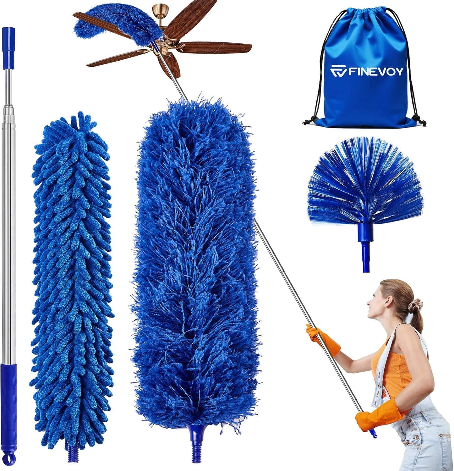Dusters 6-in-1 Kit, Duster with Extension Pole 100 Inches, Dusters for Cleaning, Cobweb Duster, Microfiber Feather Gap Duster Cleaner for Fans, Blinds, Cars and Furniture