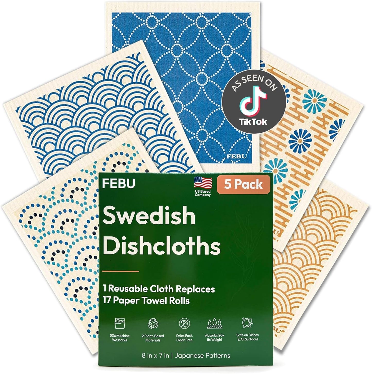 FEBU Swedish Dishcloths for Kitchen | 5 Pack Watercolor Reusable Paper Towels Washable | Swedish Dish Towels | Non-Scratch Cellulose Sponge Cloths | No Odor, Biodegradable Cleaning Cloths