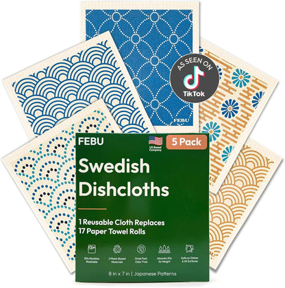 FEBU Swedish Dishcloths for Kitchen | 5 Pack Watercolor Reusable Paper Towels Washable | Swedish Dish Towels | Non-Scratch Cellulose Sponge Cloths | No Odor, Biodegradable Cleaning Cloths