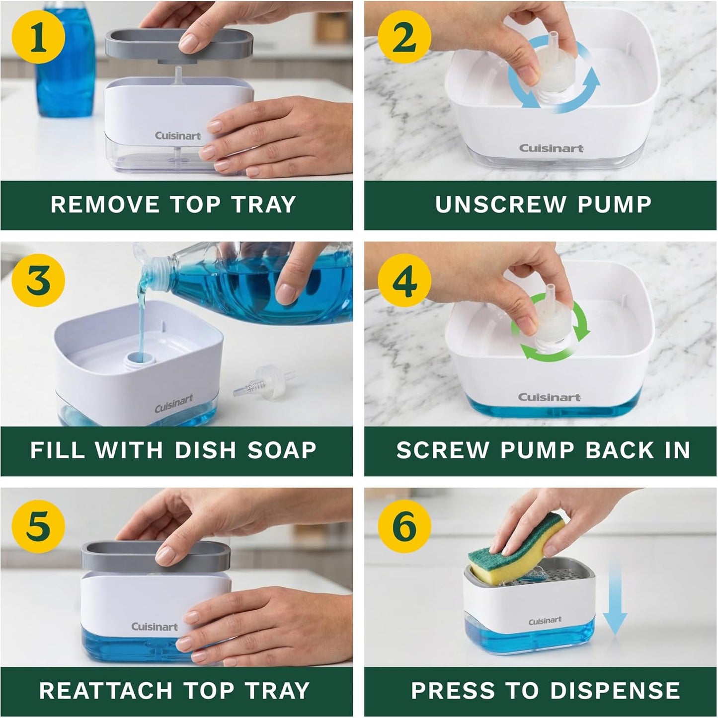 Cuisinart 2-in-1 Dish Soap Dispenser with Sponge Holder and Sponge for Kitchen Sink – Soap Pump Organizer Set with Tray, Countertop Caddy for Dishes, Dishwashing Liquid Dispenser, Sink Essentials