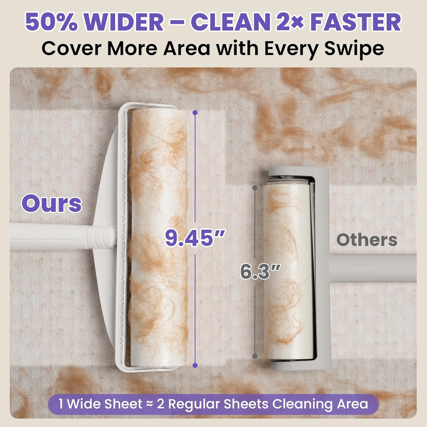 Large Lint Rollers for Carpet: Sticky Rollers for Floor DELOMO 9.45 in with 3 Extendable Handle, Long Handle Sticky Mop for Cleaning Carpets, Cars, Bedding, Couches, and Pet Hair - for Pet Homes