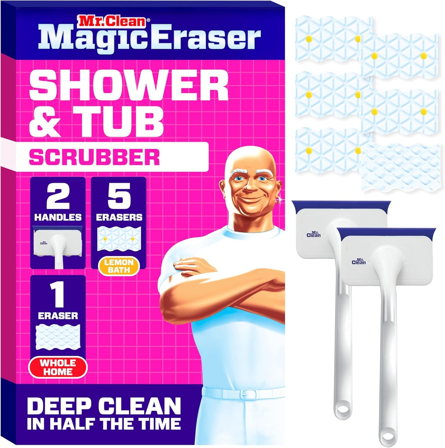 Mr. Clean Magic Eraser Shower & Tub Scrubber, Bathroom Cleaner, All in One Bathroom Cleaner, Lemon Starter Kit, 1 Scrubber & 2 Foaming Magic Erasers