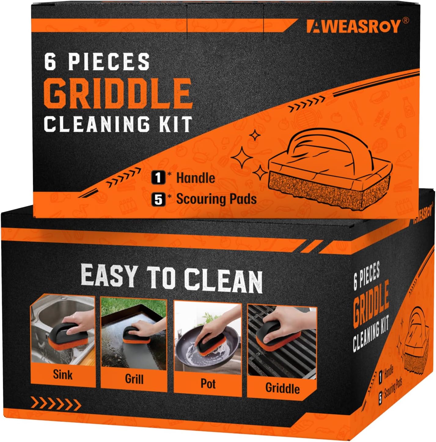 6-Piece Griddle Cleaning Kit for Blackstone, Flat Top Grill Cleaning Kit Non-Scratch Scouring Pads for Kitchen - 5 Scrubber Pads and 1 Handle