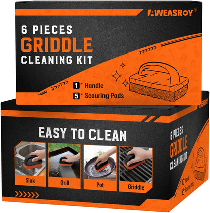 6-Piece Griddle Cleaning Kit for Blackstone, Flat Top Grill Cleaning Kit Non-Scratch Scouring Pads for Kitchen - 5 Scrubber Pads and 1 Handle