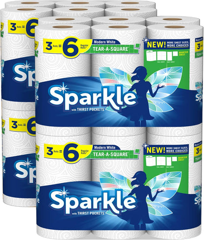 Sparkle Tear-A-Square Paper Towels, 2 Double Rolls (220 Sheets Total) - Strong 2-Ply Towels for Kitchen Cleanup and Everyday Messes