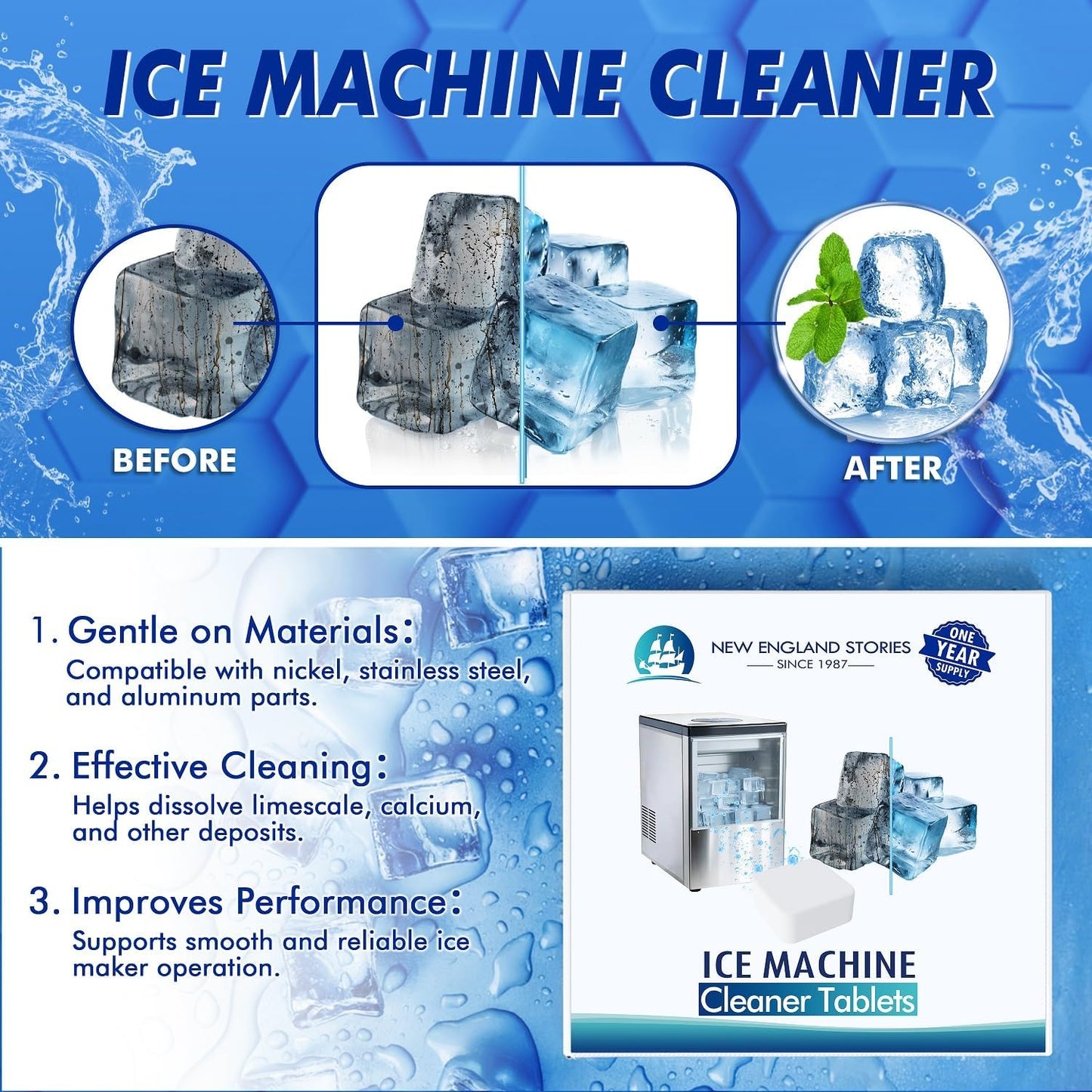 Ice Machine Cleaner and Descaler Tablets, 24 Count Nickel Safe Formula, Scale Remover for Countertop and Nugget Ice Makers, Compatible with GE Opal, GE Profile, Frigidaire, and Kitchenaid