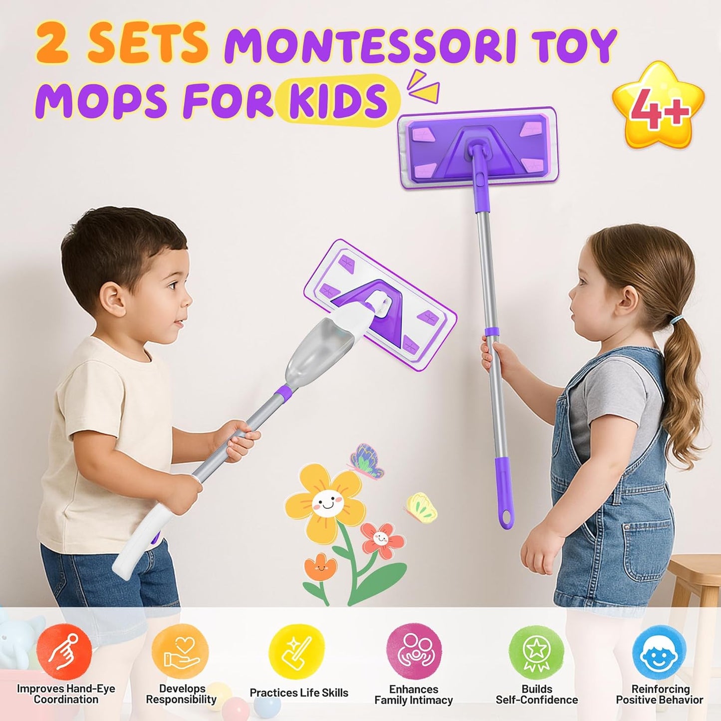 2-Set Toy Mop for Kids - Toddler Real Spray Flat Floor Mop Montessori Cleaning Toy Set, Educational and Fun Gifts for Boys and Girls Ages 4+