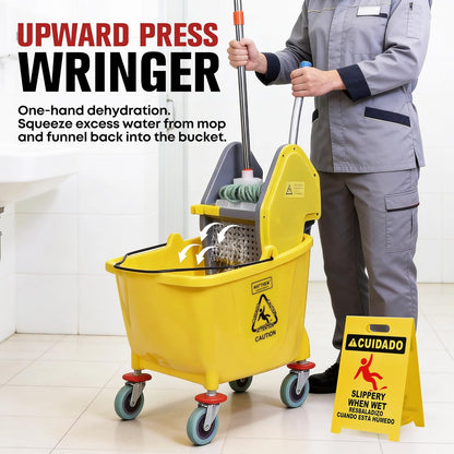 MATTHEW CLEANING 34Quarts Commercial Mop Bucket INCL.Wet String Mop with Down Press Wringer On Wheels,Industrial Heavy-Duty Floor Cleaning w/Handle, Mop Bucket for Home,Offices,Commercial, Restaurants