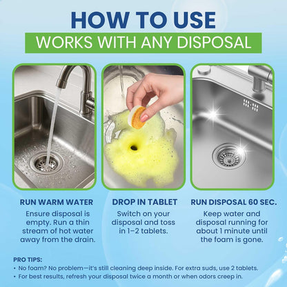 Garbage Disposal Cleaner Deodorizer Tablets – 24 Pack XL Foaming Citrus Cleaning Tablet - Sink Drain Disposer Garburator Freshener Odor Eliminator Grease Remover Septic Safe - 1 Year Supply