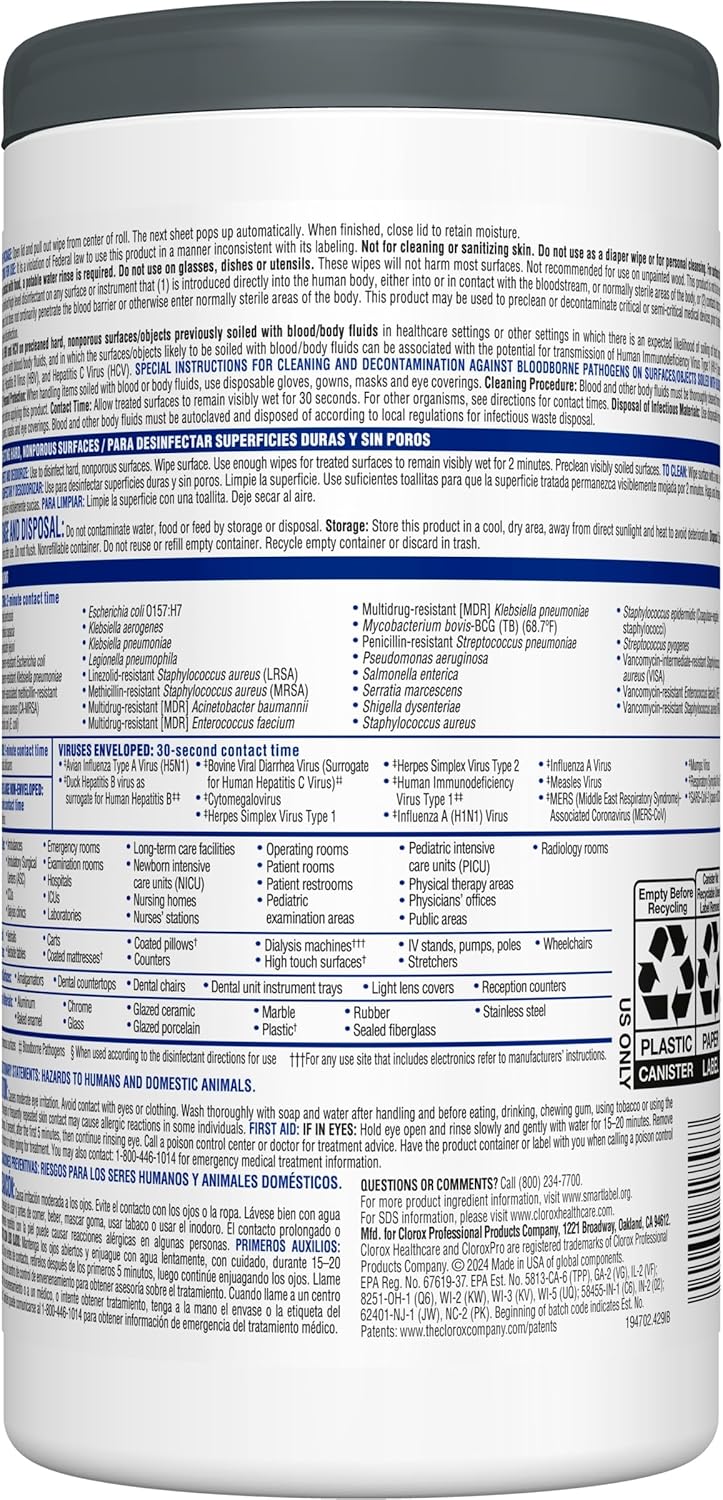 Clorox Healthcare VersaSure Cleaner Disinfectant Wipes, 6" x 5", 150 Count Canister, Pack of 6 (Package May Vary)