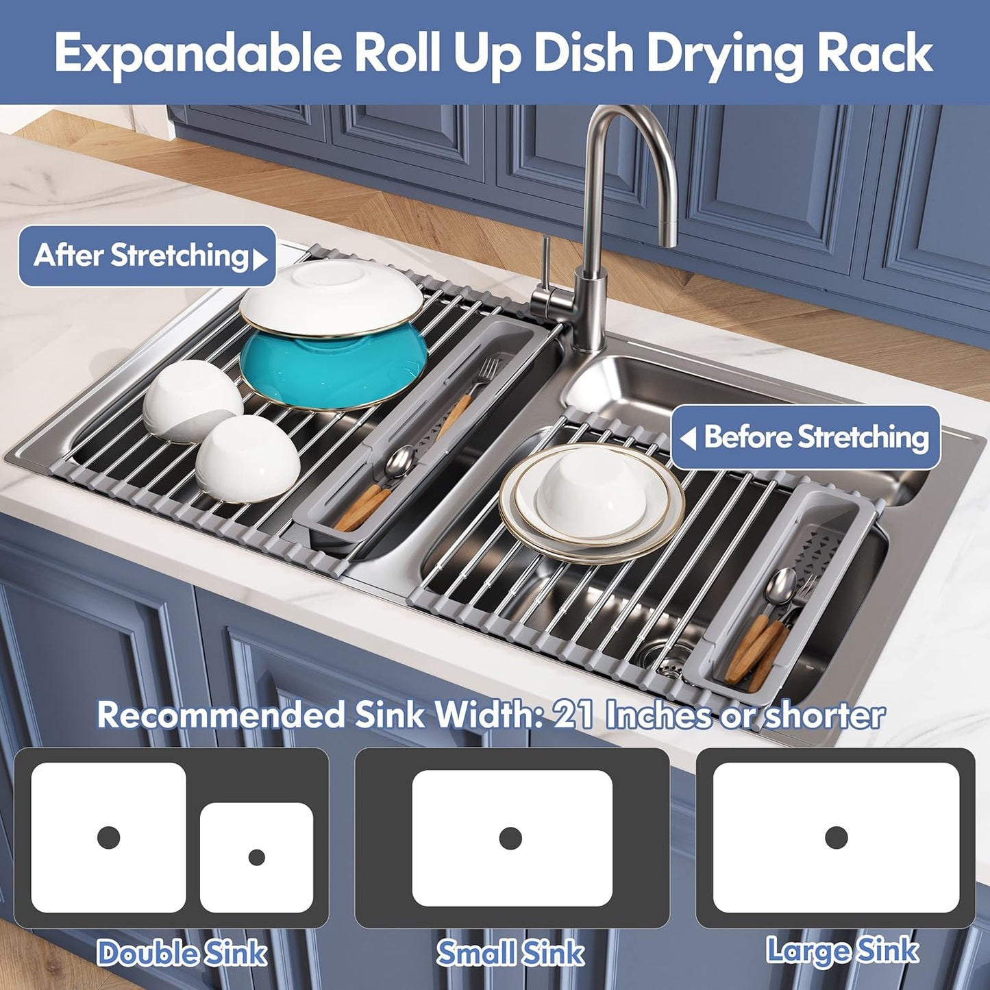 JASIWAY Dish Drying Rack in Sink, Expandable Stainless Steel Dish Drainers for Kitchen Counter, Dish Dryer Rack for Inside Sink, Over The Sink Dish Racks with Utensil Holder, Silver