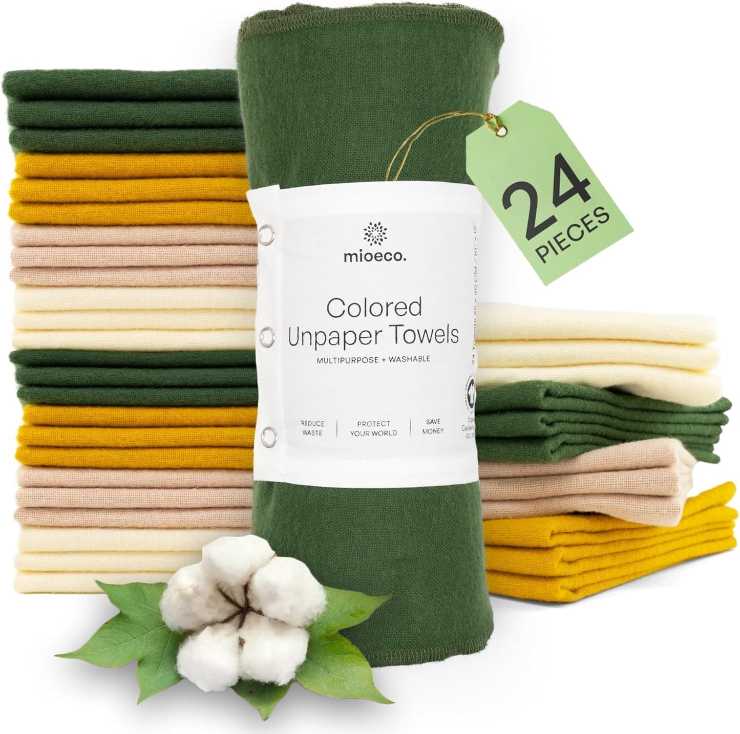 mioeco 20 Pack Reusable Kitchen Paper Towels Washable - Super Absorbent Natural unPaper Towels - Natural Cotton - Reusable, Paperless Kitchen Dish Cloths - 100% Organic