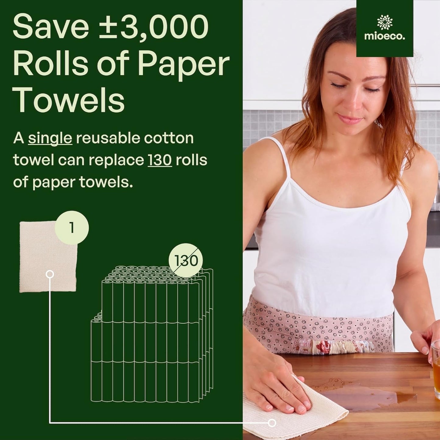 mioeco 20 Pack Reusable Kitchen Paper Towels Washable - Super Absorbent Natural unPaper Towels - Natural Cotton - Reusable, Paperless Kitchen Dish Cloths - 100% Organic
